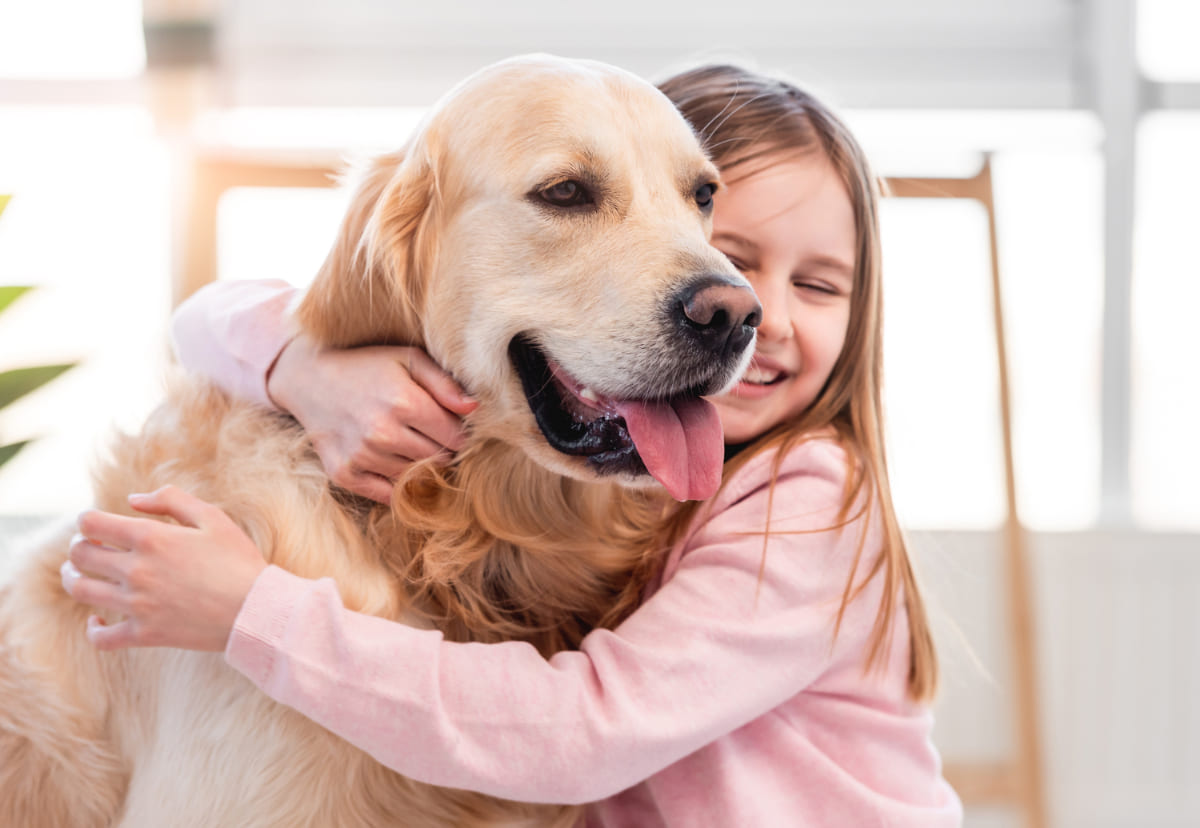 犬に抱きつく子ども